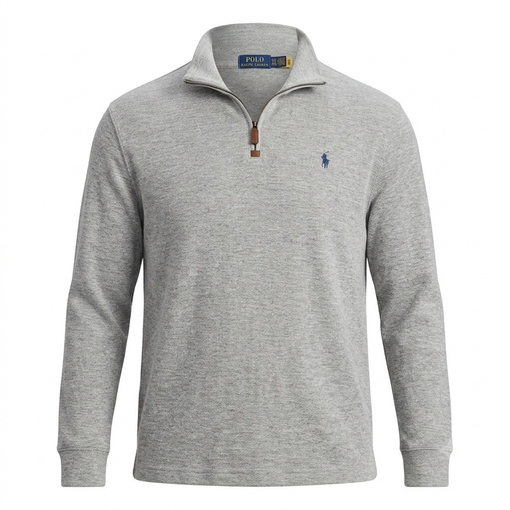Polo Ralph Lauren Mens XXL Gray Cotton Quarter Zip Leather Pull Sweater New